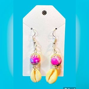 Tropical Cowrie Seashells Tie Dye Beaded Dangle Pierced Earrings